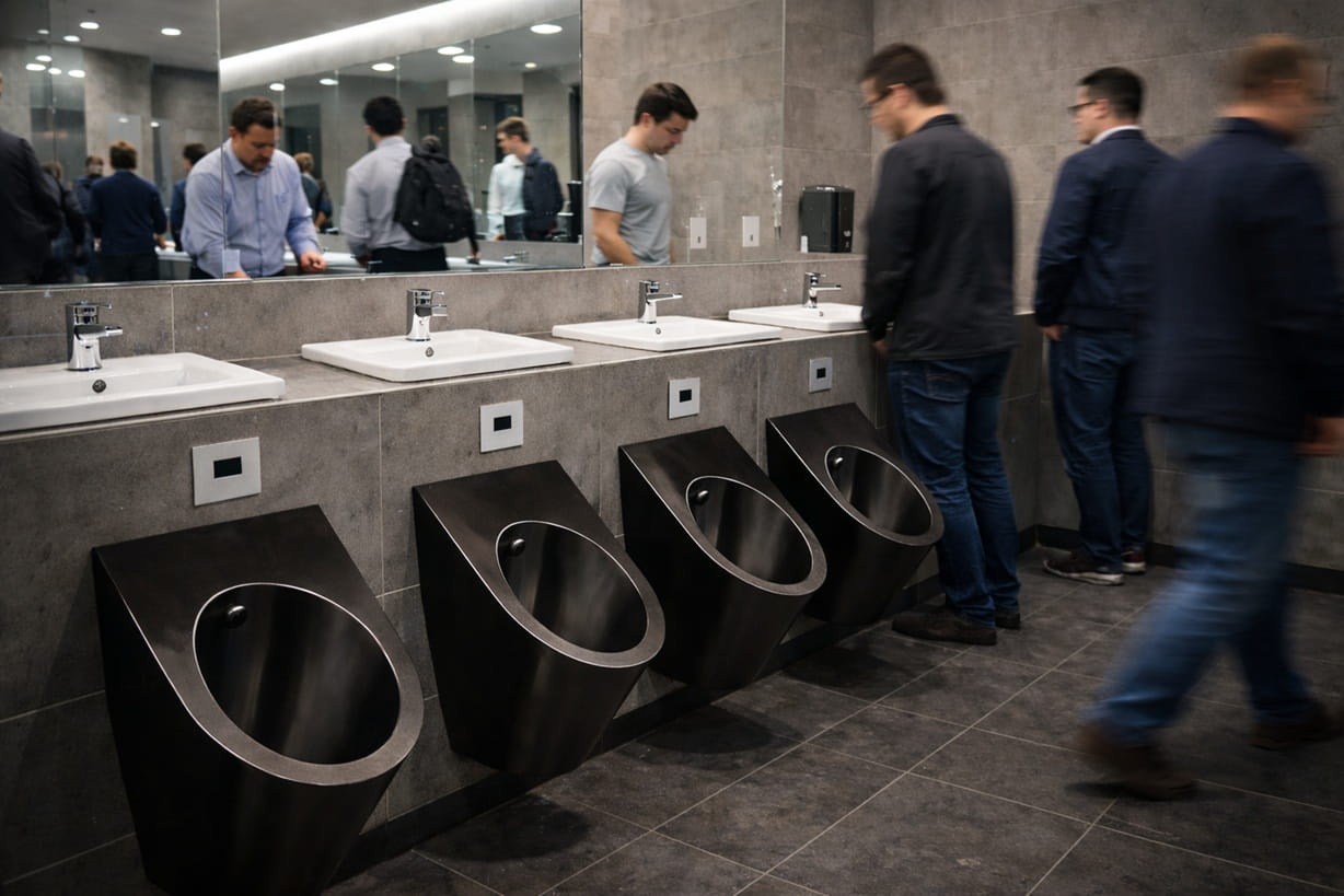 Modern office building men's restroom with matte black urinals installed beneath a row of sinks and mirrors in a contemporary bathroom interior.